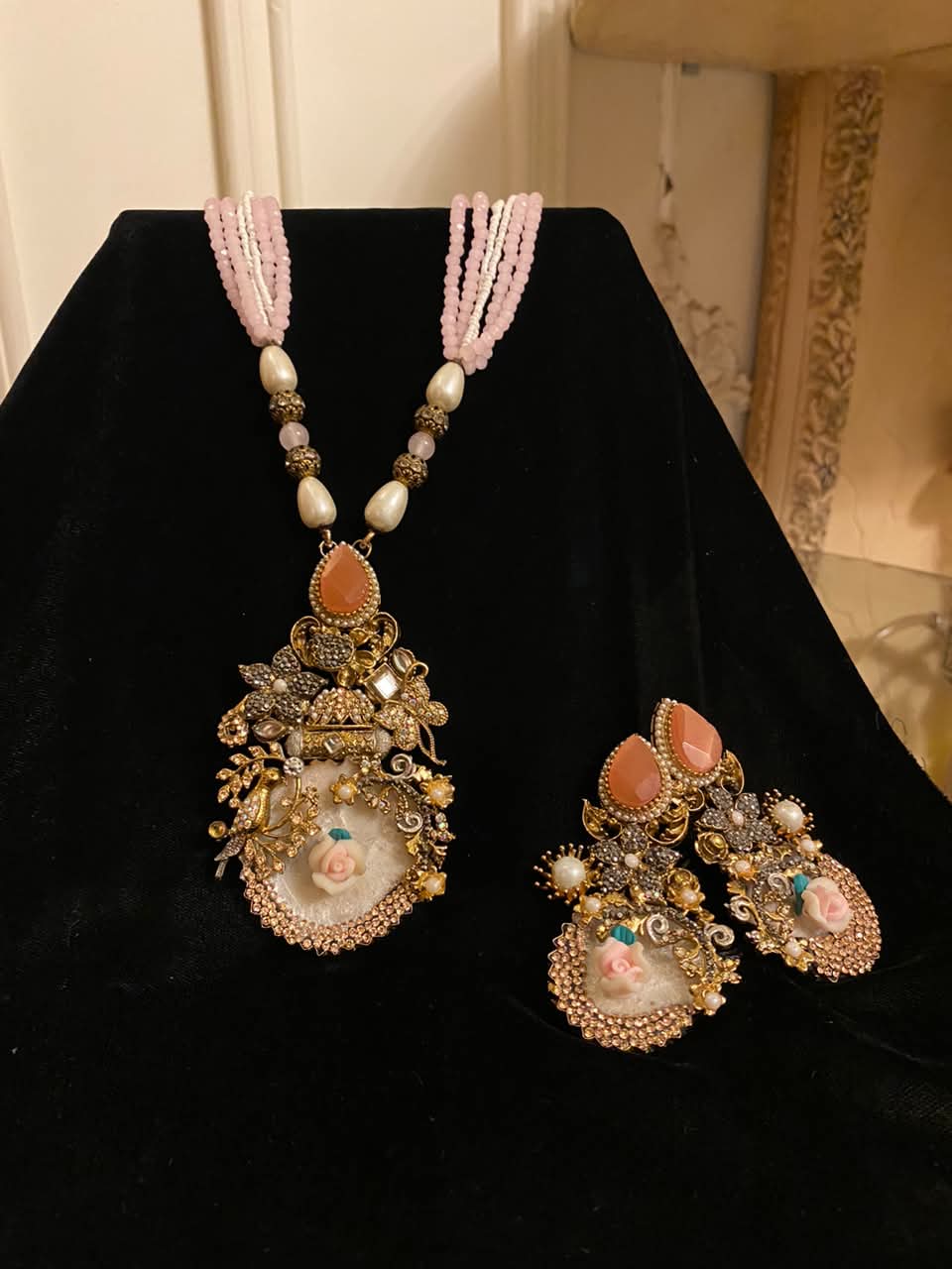 Pink Beaded Floral Necklace and Earrings Set for Women