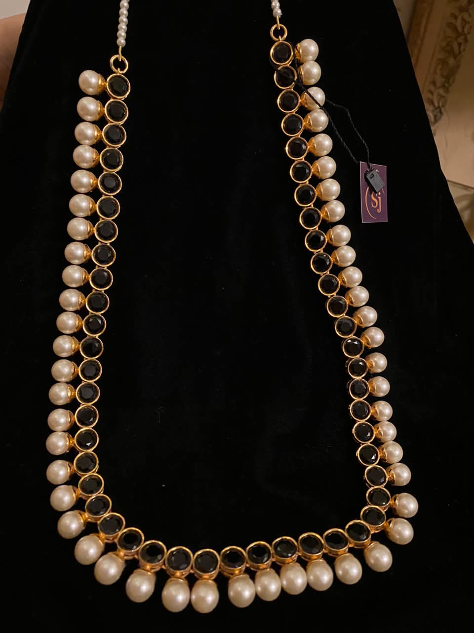 Black Stone Pearl Drop Necklace for Women