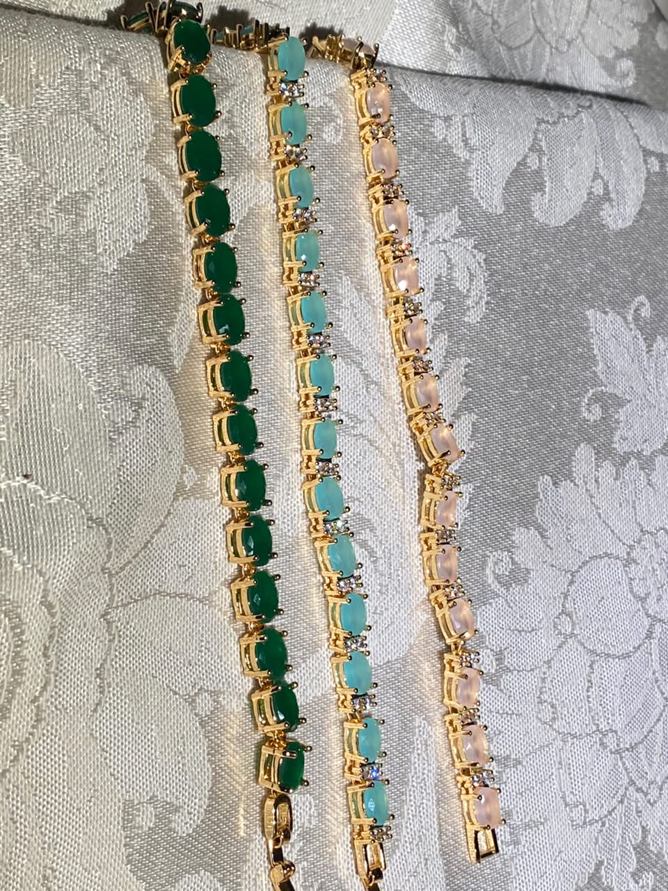 Gold tone tennis bracelet oval crystal bracelet emerald green mint blush bracelet set stackable bangle