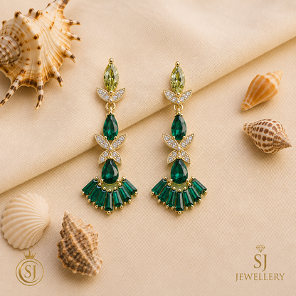 Gold tone emerald green crystal drop earrings with floral fan design, marquise pear baguette stones and clear sparkle details