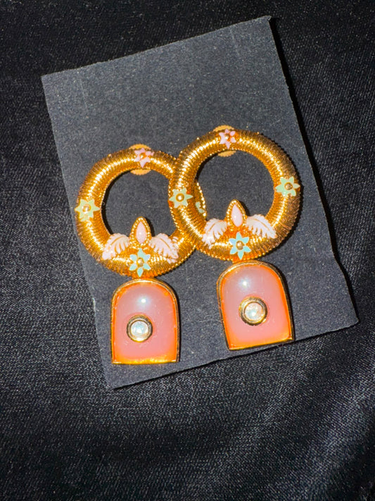 Gold-Tone Traditional Kundan-Inspired Earrings with Peach Enamel Drop