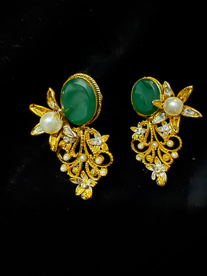 Gold-Tone Green Stone Floral Earrings