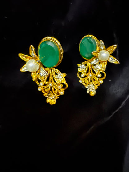 Gold-Tone Green Stone Floral Earrings