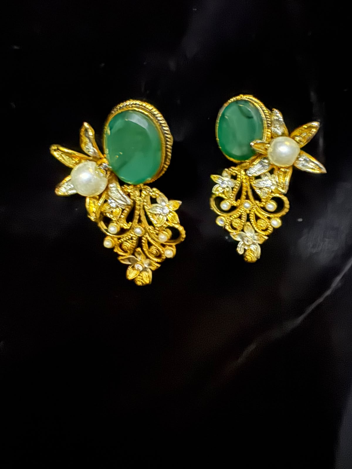 Gold-Tone Green Stone Floral Earrings