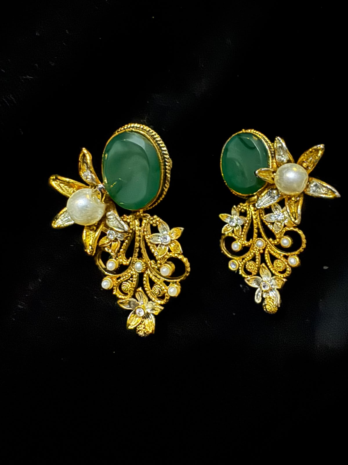 Gold-Tone Green Stone Floral Earrings