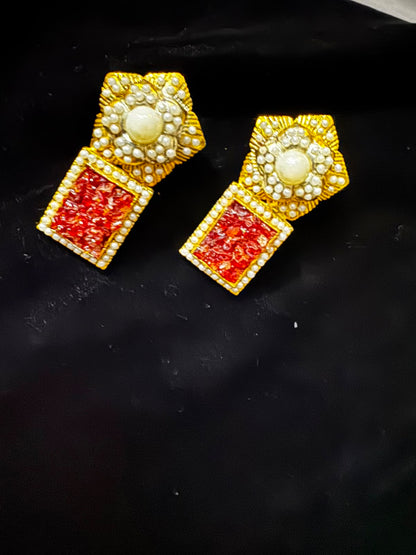 Gold-Tone Pearl Red Statement Earrings