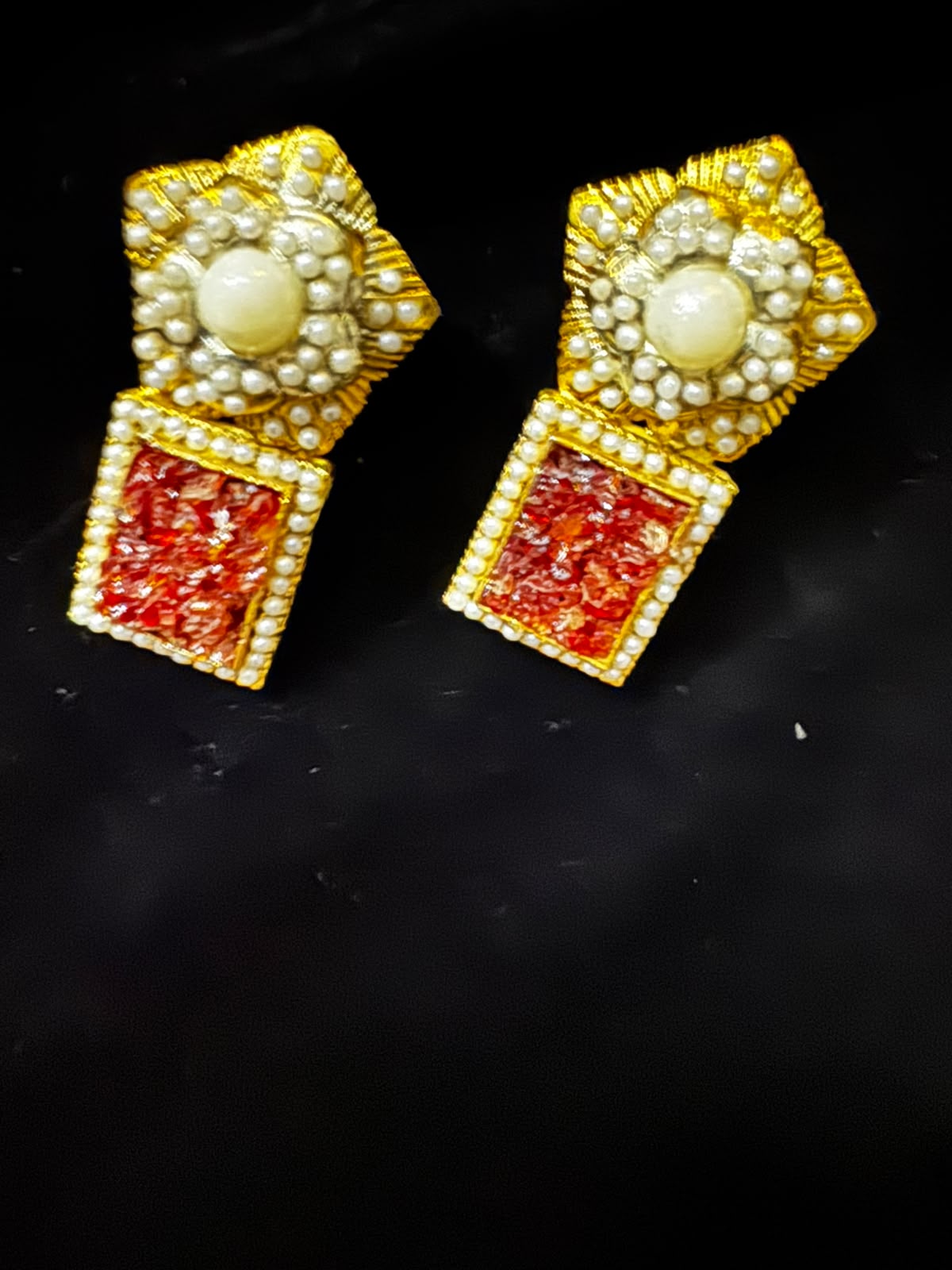 Gold-Tone Pearl Red Statement Earrings