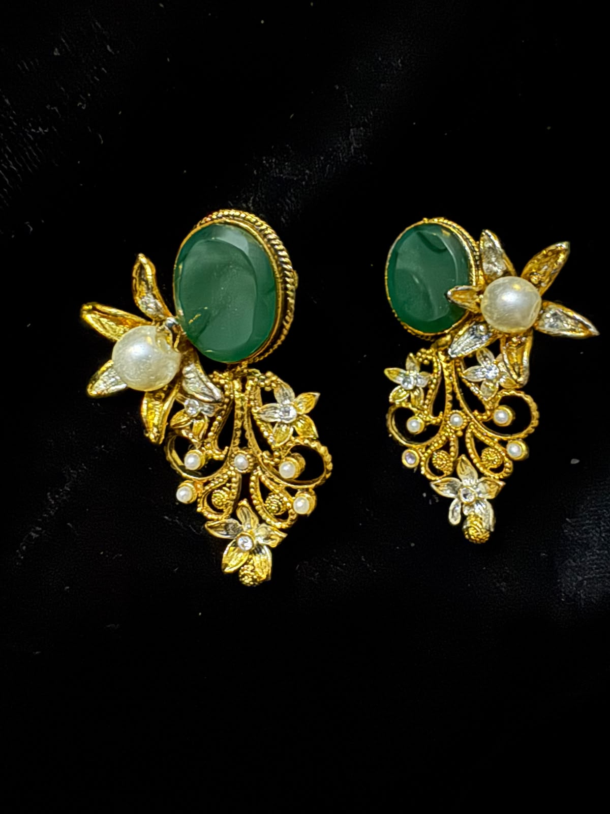 Gold-Tone Green Stone Floral Earrings