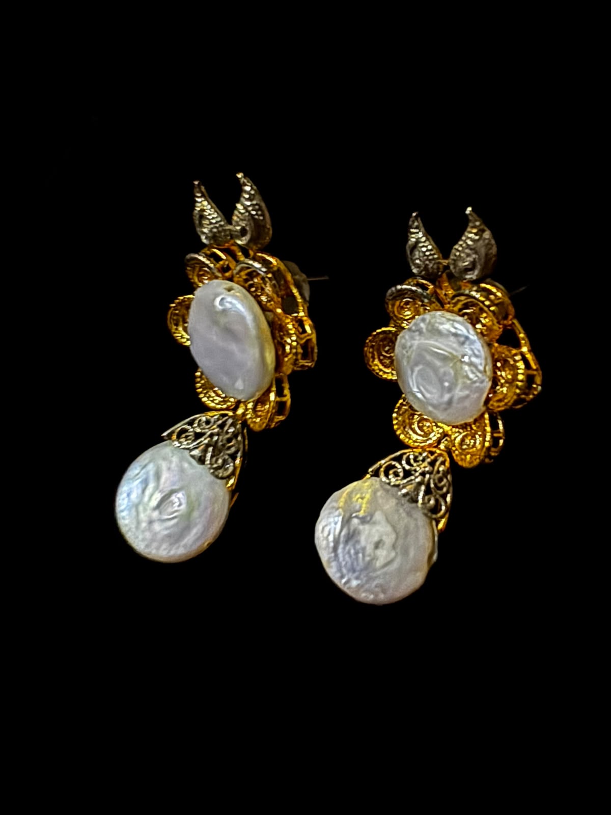 Gold-Tone Pearl Floral Drop Earrings