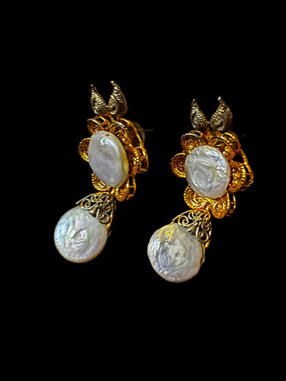 Gold-Tone Pearl Floral Drop Earrings