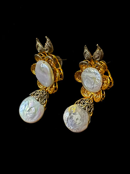 Gold-Tone Pearl Floral Drop Earrings