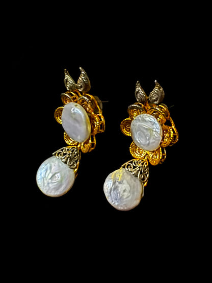 Gold-Tone Pearl Floral Drop Earrings