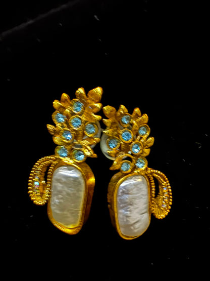 Gold-Tone Pearl Blue Stone Statement Earrings
