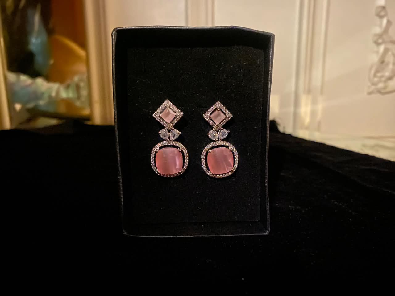Rose Pink Square Crystal Drop Earrings