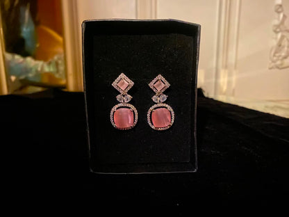 Rose Pink Square Crystal Drop Earrings