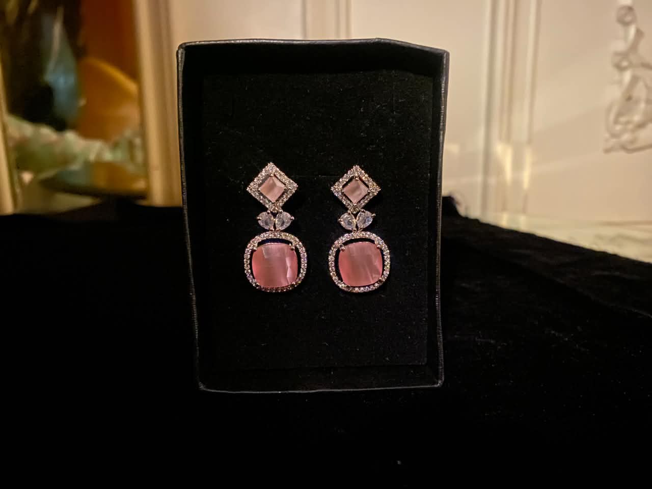 Rose Pink Square Crystal Drop Earrings