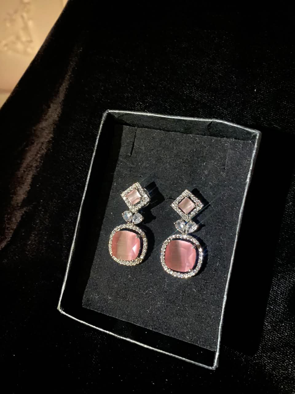 Rose Pink Square Crystal Drop Earrings