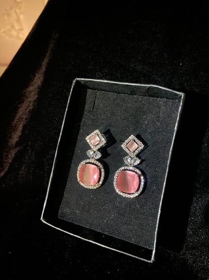 Rose Pink Square Crystal Drop Earrings