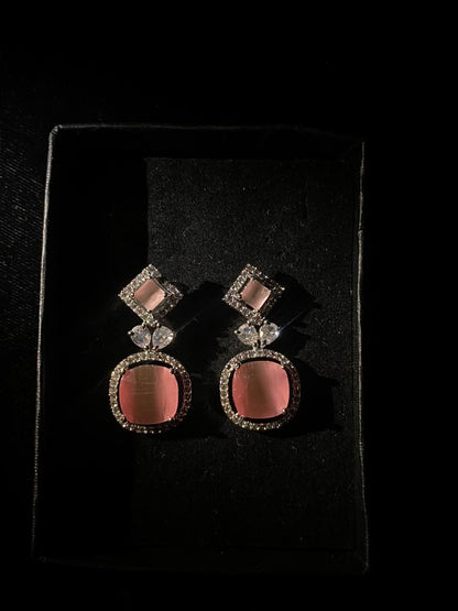 Rose Pink Square Crystal Drop Earrings