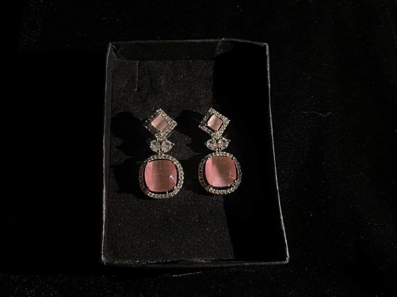 Rose Pink Square Crystal Drop Earrings
