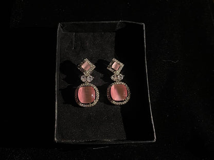 Rose Pink Square Crystal Drop Earrings