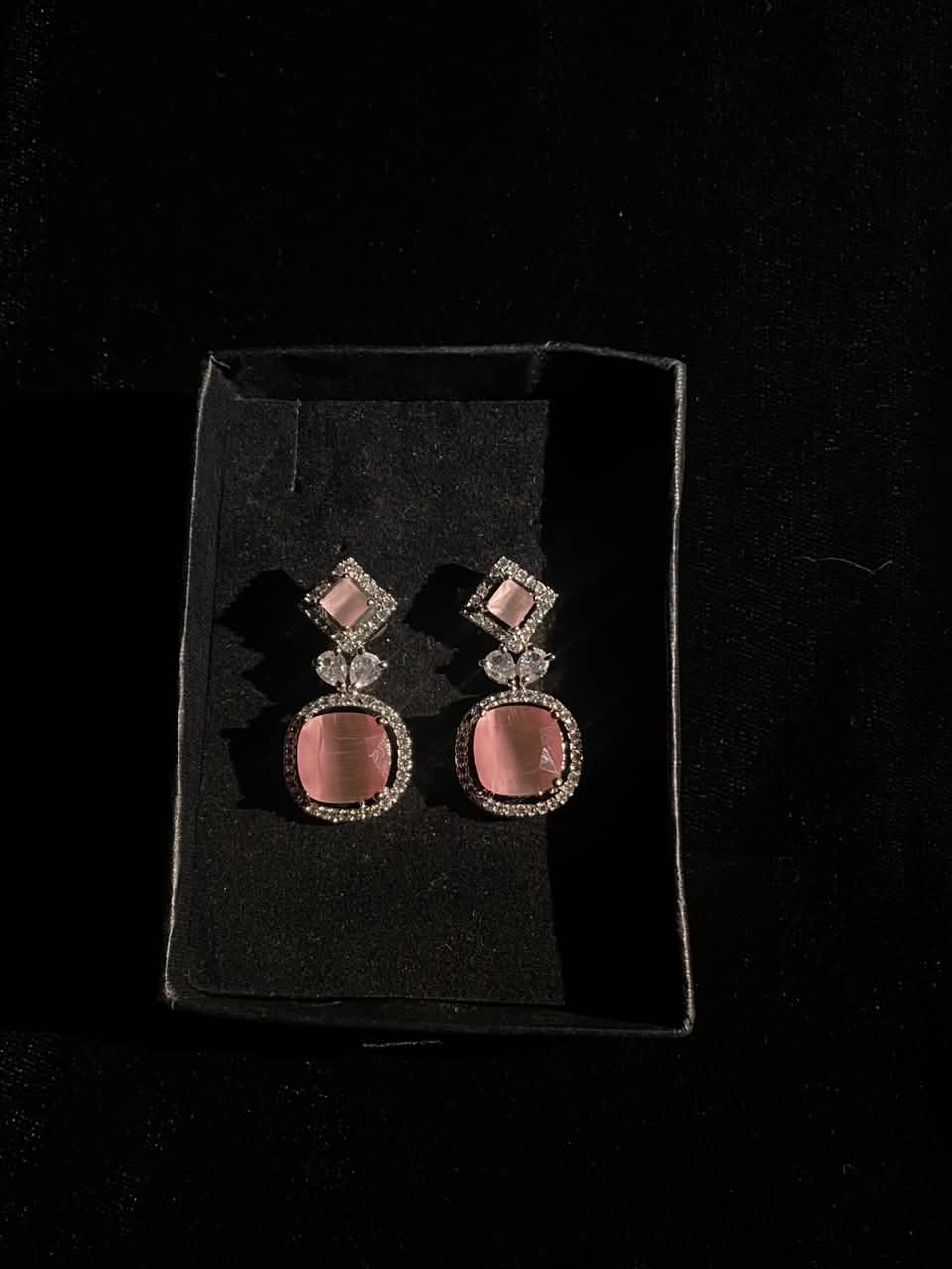 Rose Pink Square Crystal Drop Earrings