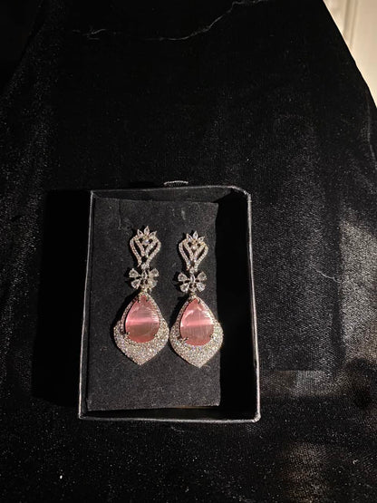 Silver-Tone Pink Crystal Teardrop Earrings