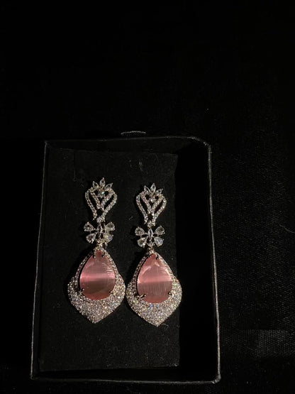 Silver-Tone Pink Crystal Teardrop Earrings