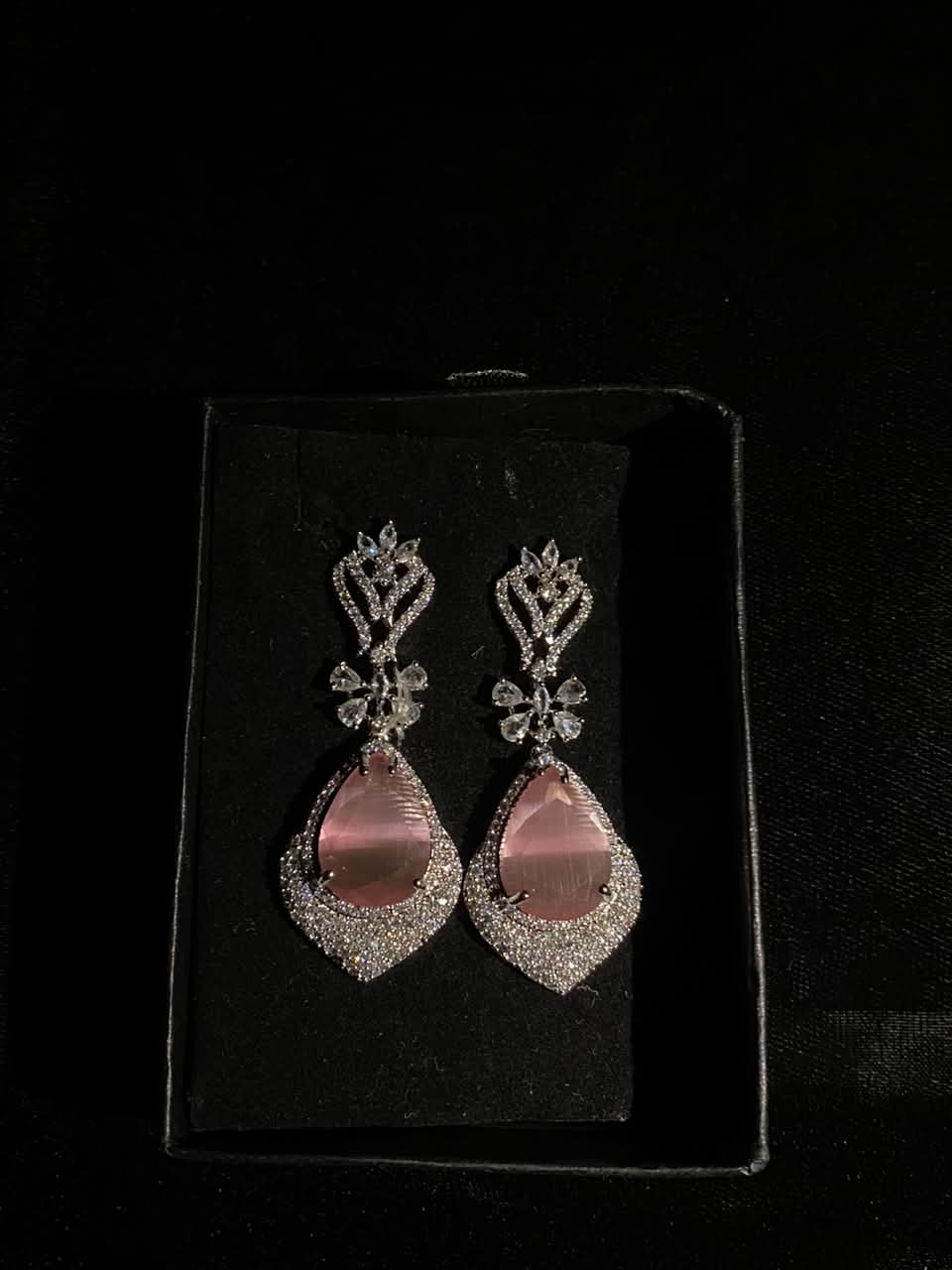 Silver-Tone Pink Crystal Teardrop Earrings
