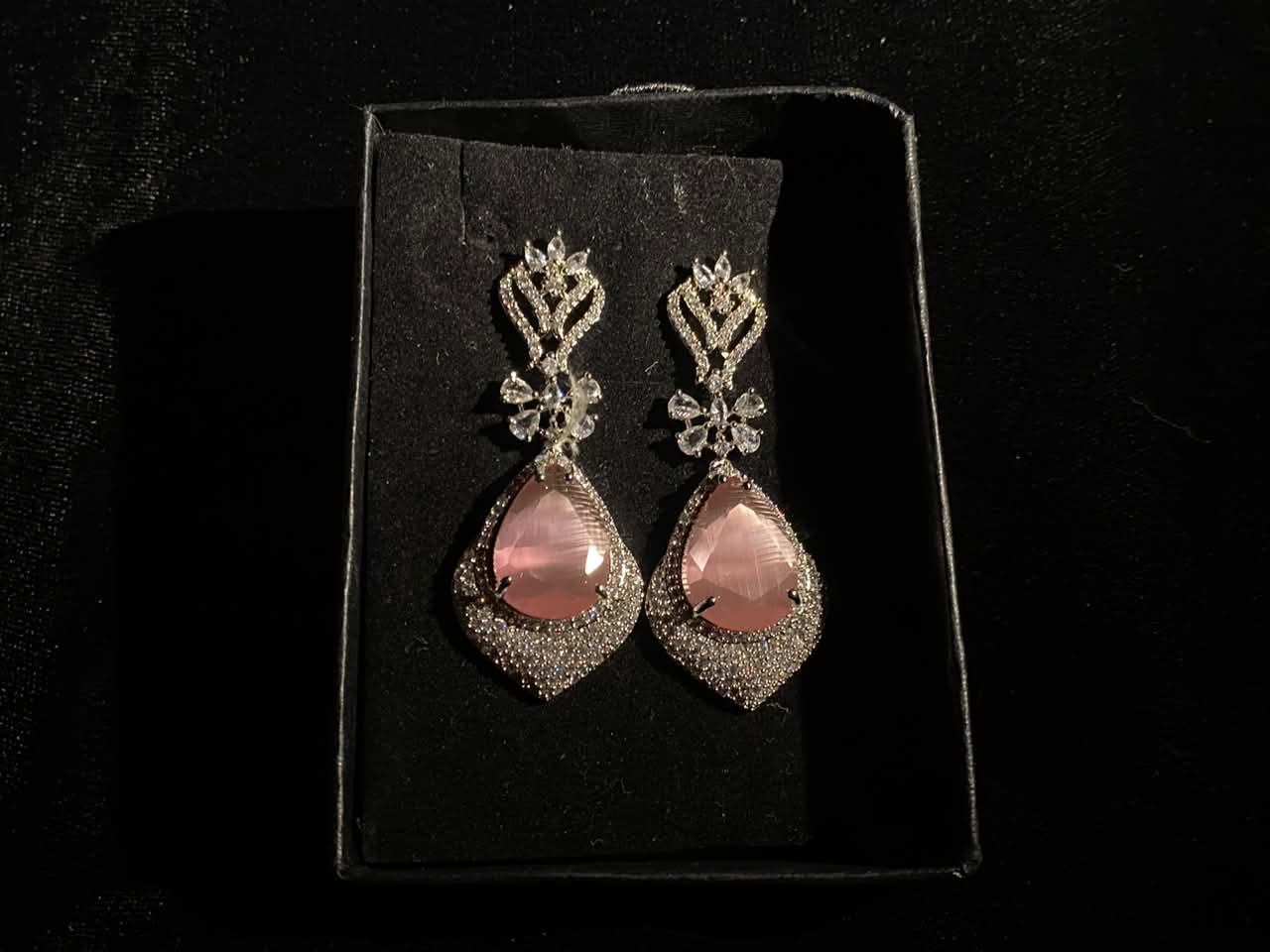 Silver-Tone Pink Crystal Teardrop Earrings