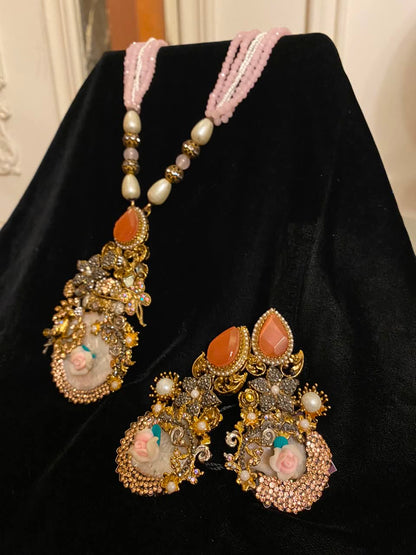 Pink Beaded Floral Necklace and Earrings Set for Women