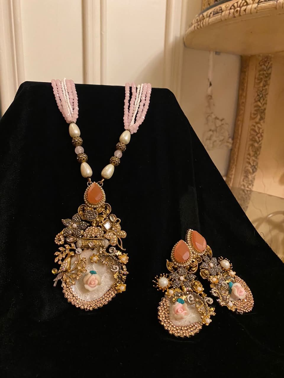 Pink Beaded Floral Necklace and Earrings Set for Women