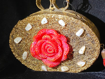 Gold-Tone Red Rose Floral Clutch Bag for Women