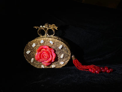 Gold-Tone Red Rose Floral Clutch Bag for Women