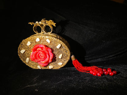 Gold-Tone Red Rose Floral Clutch Bag for Women