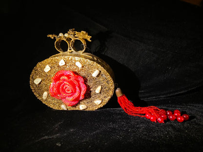 Gold-Tone Red Rose Floral Clutch Bag for Women