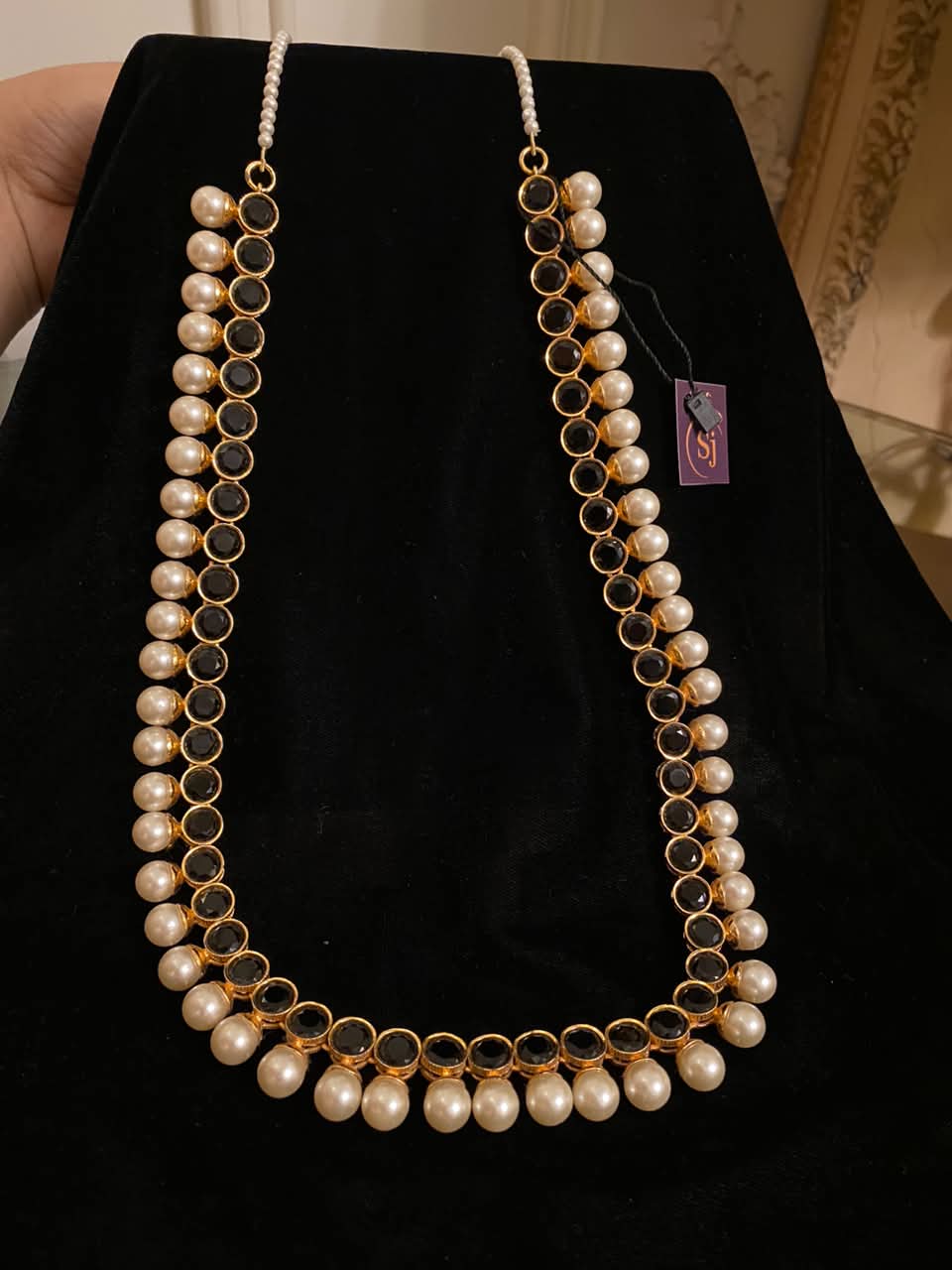 Black Stone Pearl Drop Necklace for Women