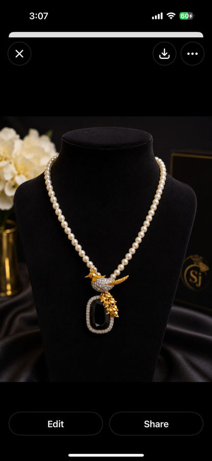 Elegant Freshwater Pearl Necklace with Black Crystal Pendant