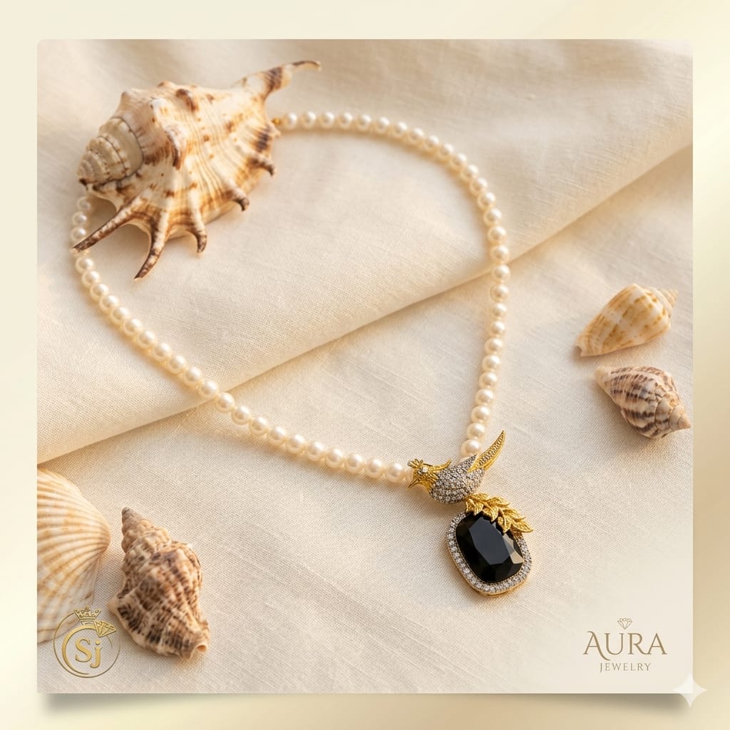 Elegant Freshwater Pearl Necklace with Black Crystal Pendant