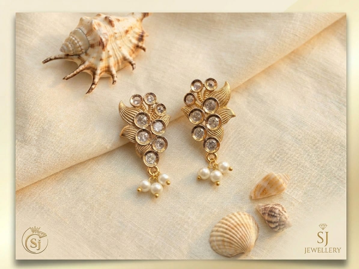 Golden Crystal Leaf Pearl Drop Earrings