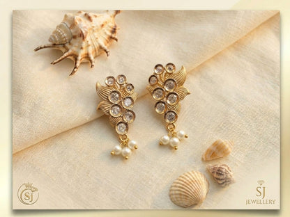 Golden Crystal Leaf Pearl Drop Earrings