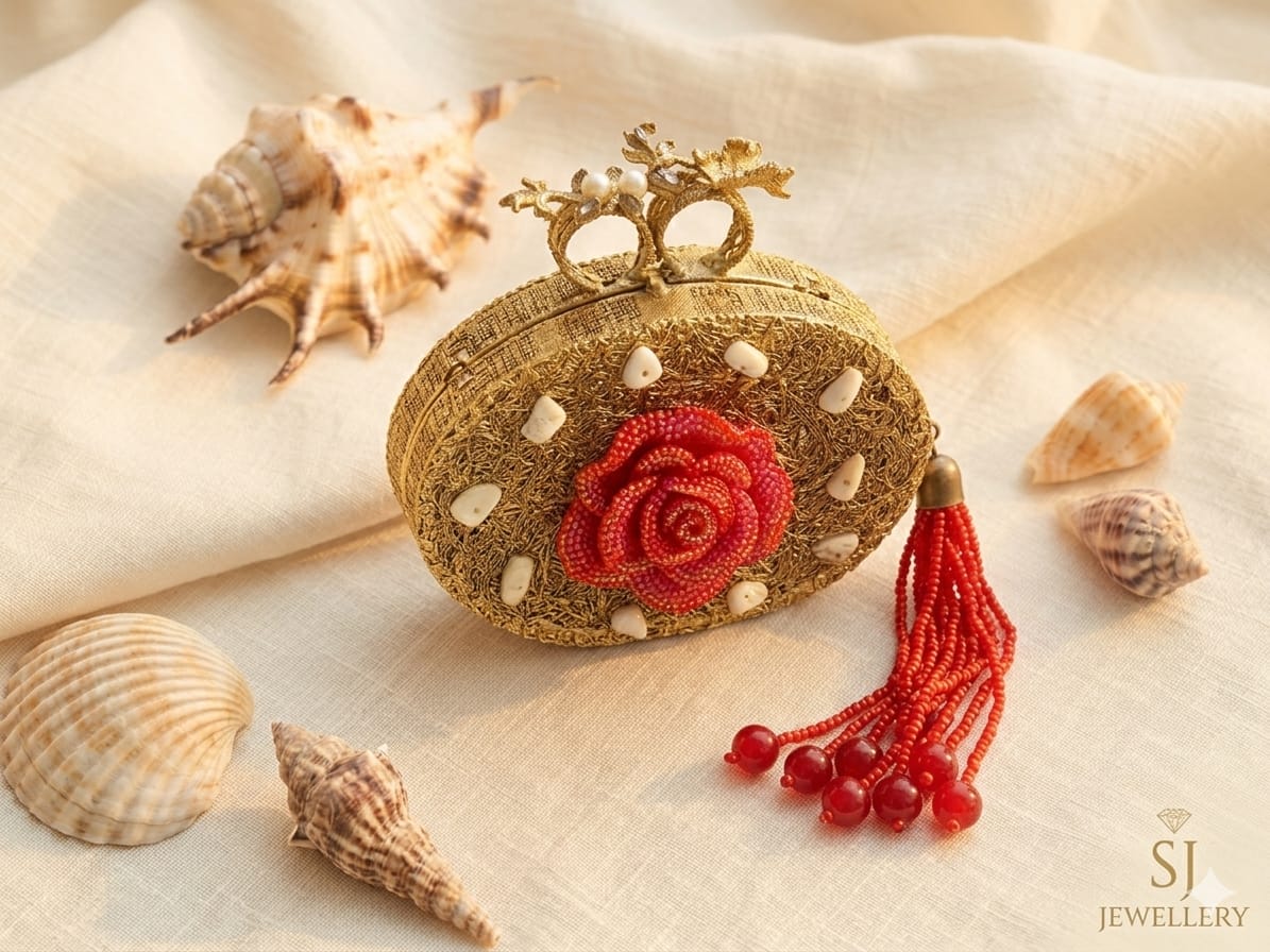 Gold-Tone Red Rose Floral Clutch Bag for Women