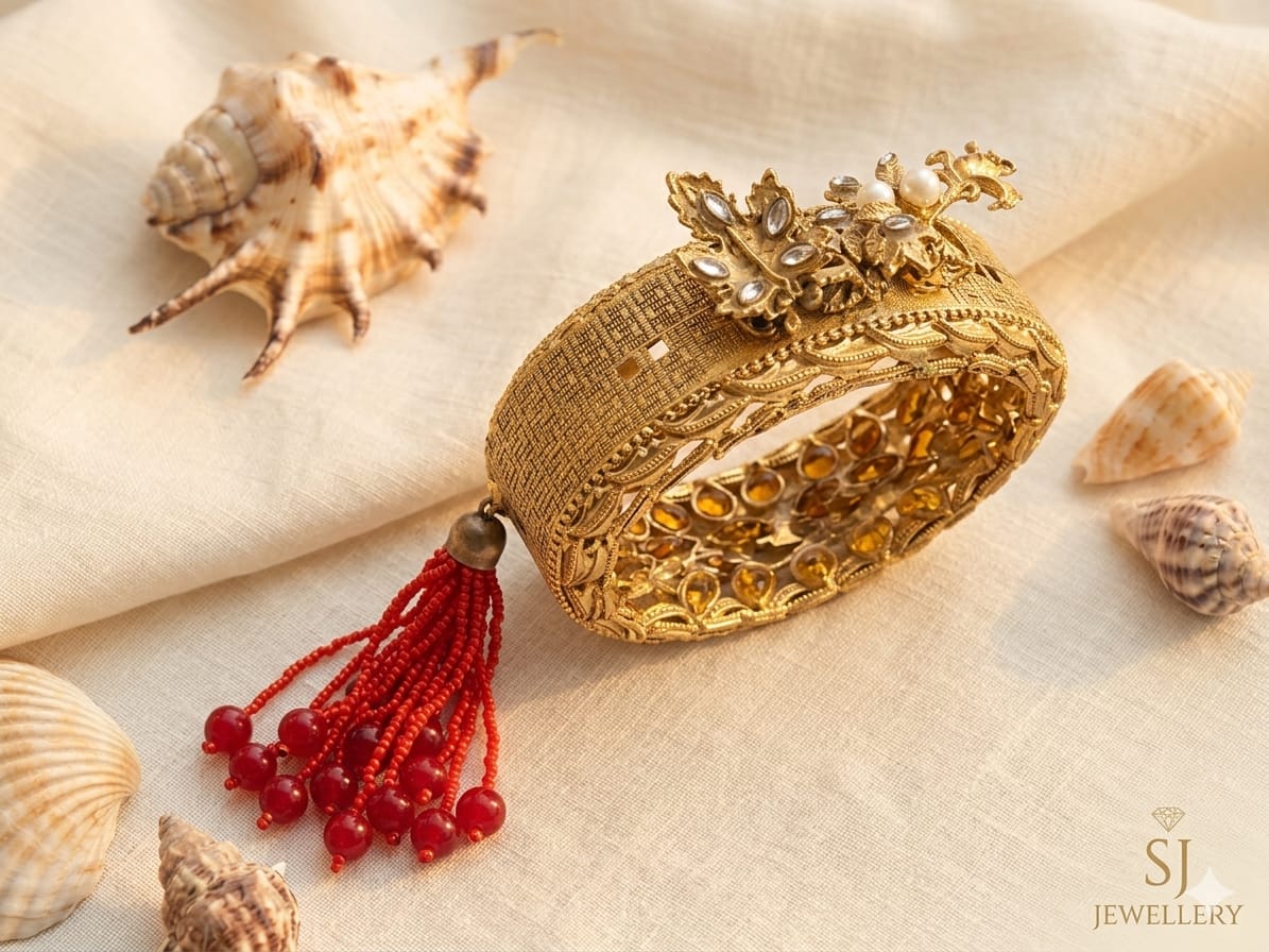 Antique Gold Floral Kara with Red Tassel
