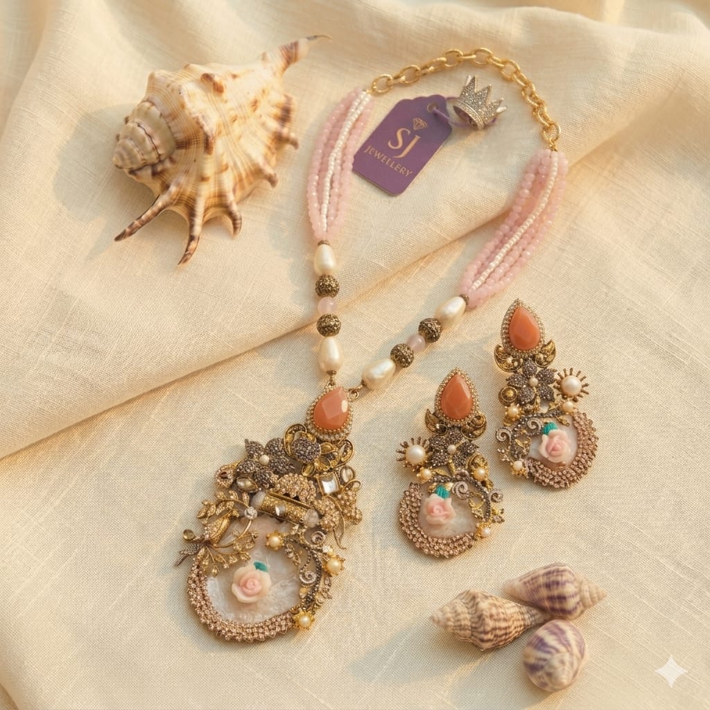 Pink Beaded Floral Necklace and Earrings Set for Women