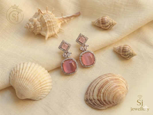 Rose Pink Square Crystal Drop Earrings