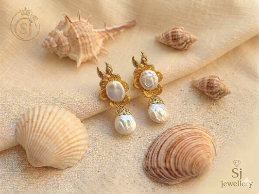 Gold-Tone Pearl Floral Drop Earrings