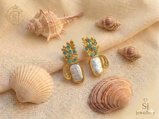 Gold-Tone Pearl Blue Stone Statement Earrings