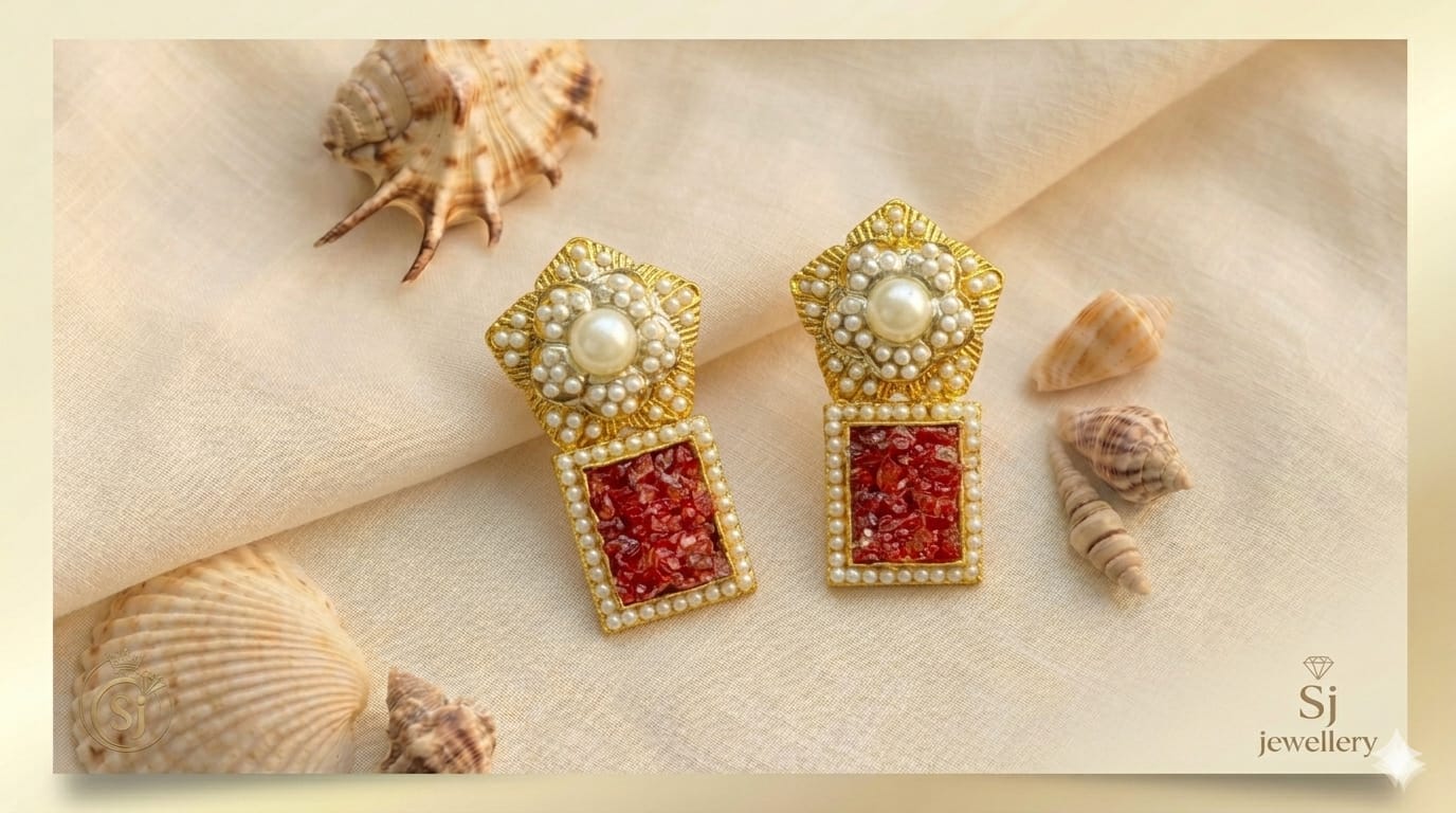 Gold-Tone Pearl Red Statement Earrings