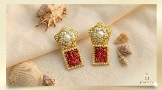 Gold-Tone Pearl Red Statement Earrings