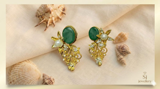 Gold-Tone Green Stone Floral Earrings